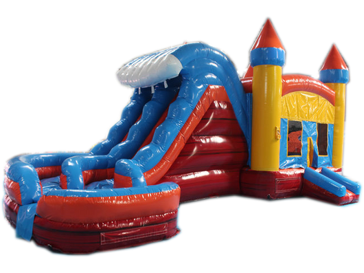 29' Red, Blue & Yellow Marble Helix Bounce House Wet or Dry Water Slide Combo