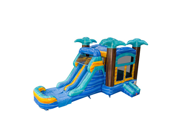 28' Yellow Blue Mint Palm Tree Marble Bounce House Wet or Dry Water Slide Combo