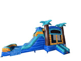 28' Yellow Blue Mint Palm Tree Marble Bounce House Wet or Dry Water Slide Combo