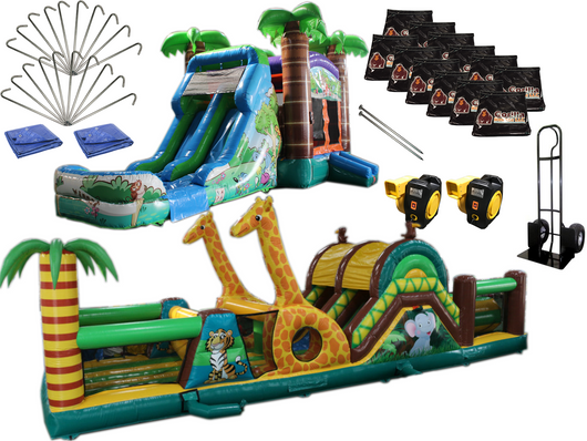 Bounce House Startup Package Crazy Tropical Safari Obstacle Water Slide Combo #20, Commercial Grade