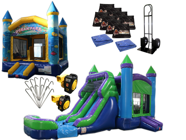 Bounce House Startup Package Square, Green N Purple Water Slide Combo #19 Commercial Grade